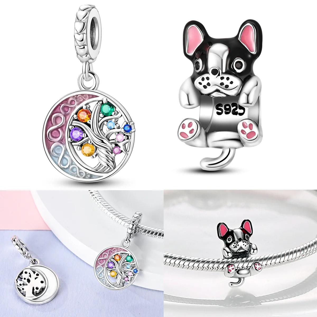 

925 Sterling Silver Bulldog Charms Bead CZ Zircon Moon Tree of Life Dangle Fit Original Bracelet DIY Jewelry Gift