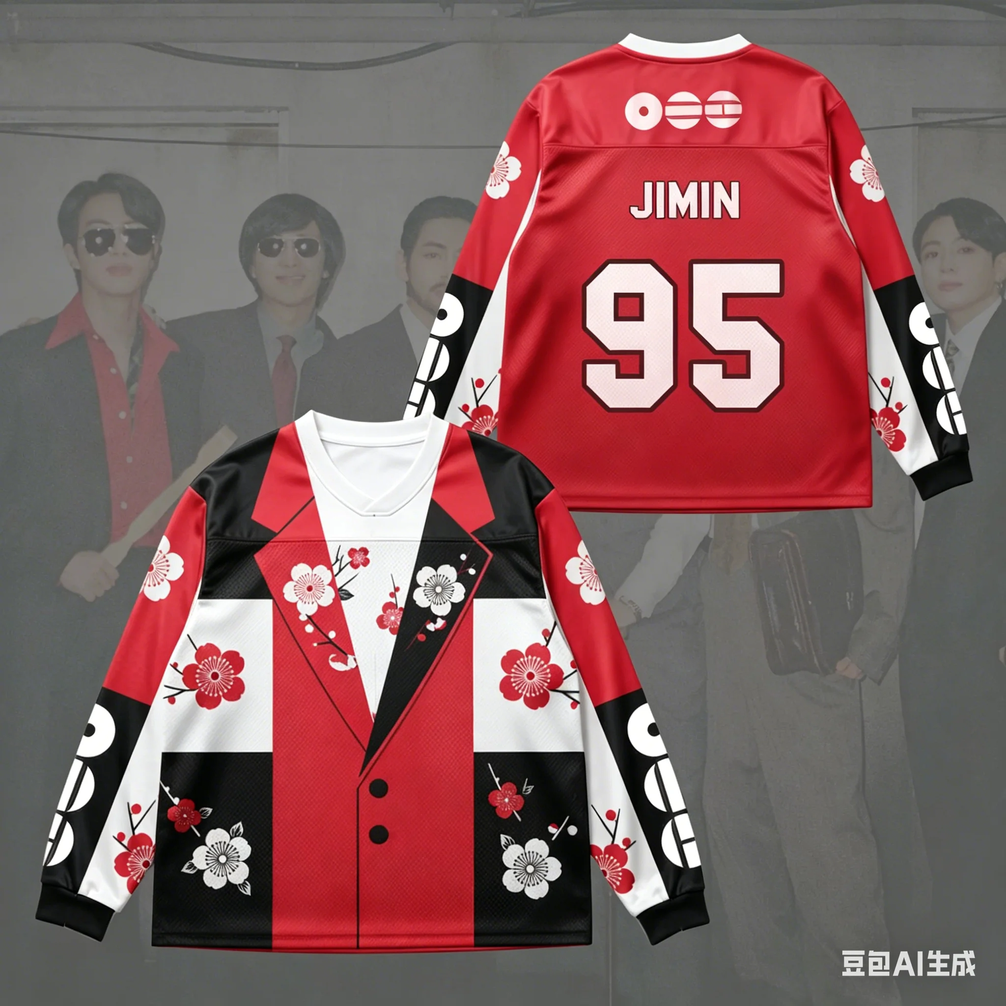 

2026 Summer Music Group 94 Cherry Blossom Print Long Sleeve Jersey Red Black White Streetwear Fashion Top for Fans MOTO