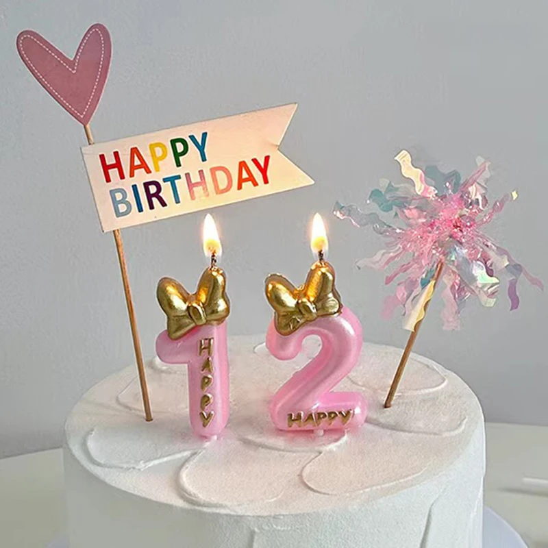 Gold Pink Bow Number Candles Birthday Candle Cake Decoration Digital 0-9 Cake Topper Decor Baby Shower Anniversary Day Decor