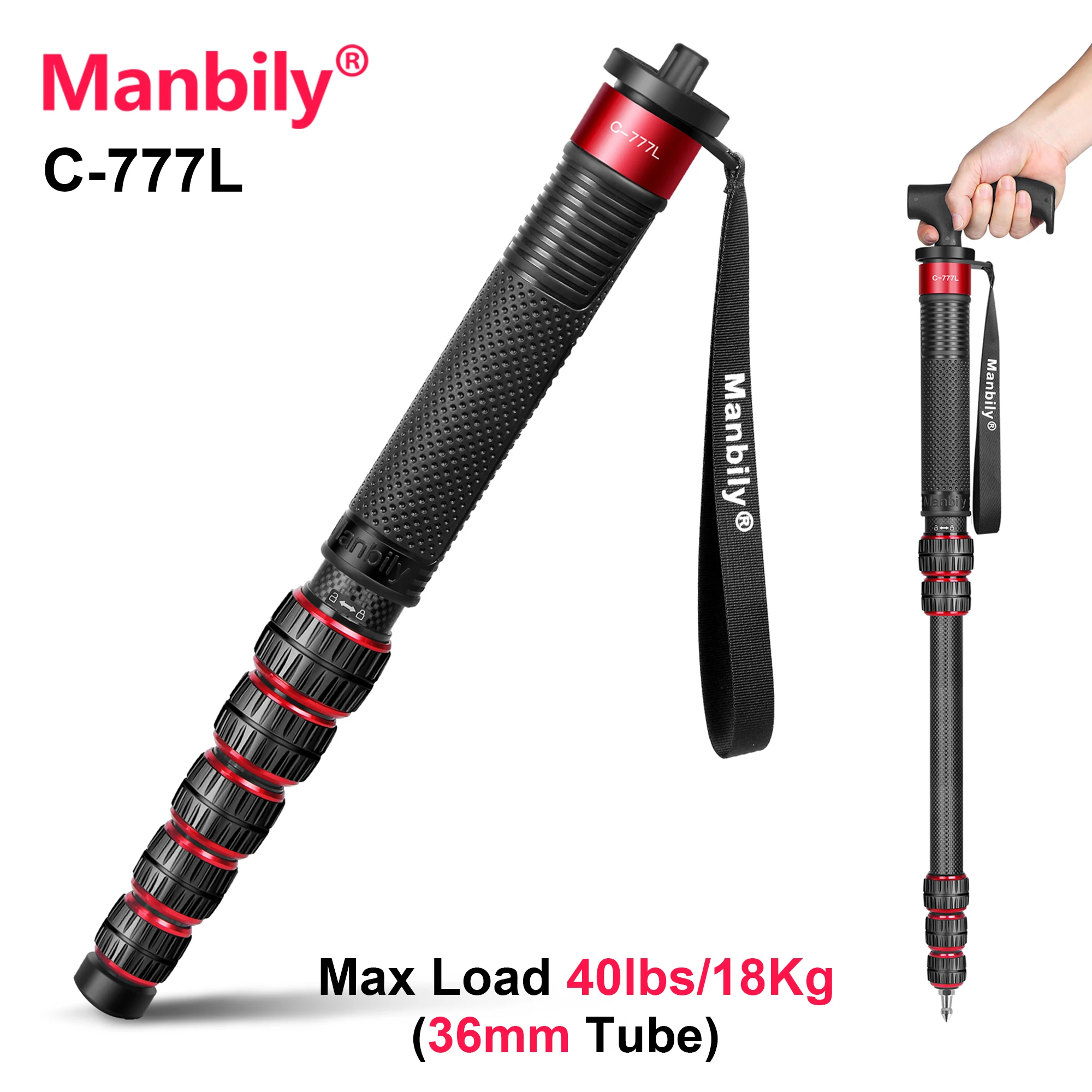 

Manbily Portable Carbon Fiber Monopod C-777L Professional 36mm Tube Travel Stand For Digital Cameras DSLR Max Load 40lbs/18Kg