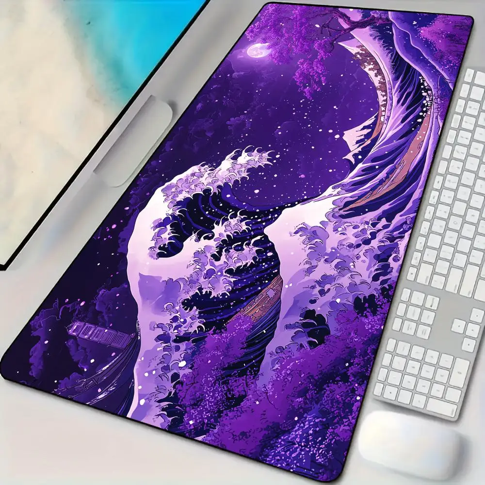 

Neon ukiyo-e art style waves theme Mouse Pad Desk Mat with Stitched Edges non-Slip rubber base pc accessories Gaming mat rug