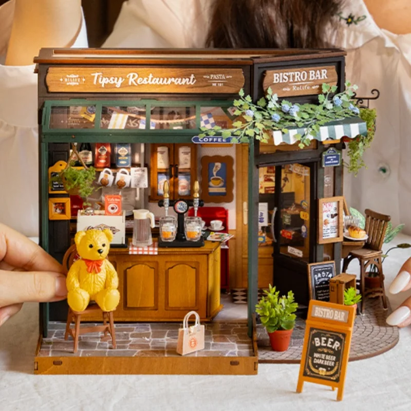 Robotime Rolife Tipsy Restaurant kit DIY Miniature House Kit Desk Bookshelf Decoration for Adults Gift Idea For Girls Boys Kids