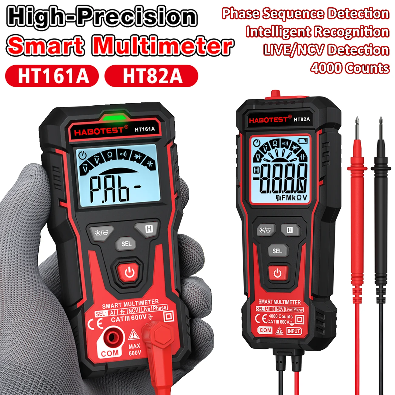 Digital Multimeter TRMS 600V AC/DC Voltage NCV Capacitance Resistance Continuity Tester 4000 Counts Auto-Ranging HT161A HT82A