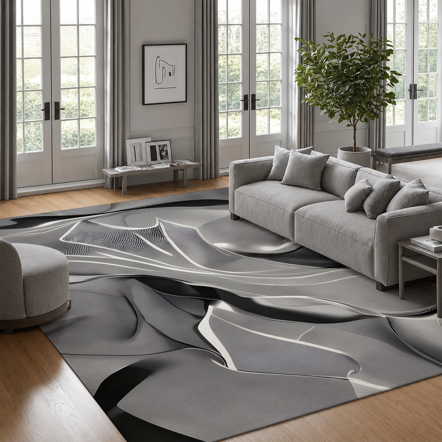 Large Indoor Area Rug, Soft Velvet Low Pile with Non-Slip Dotted Backing, Machine Washable, Abstract Silver Gray Fluid Modern Pattern for Living Room Bedroom Home Decor
