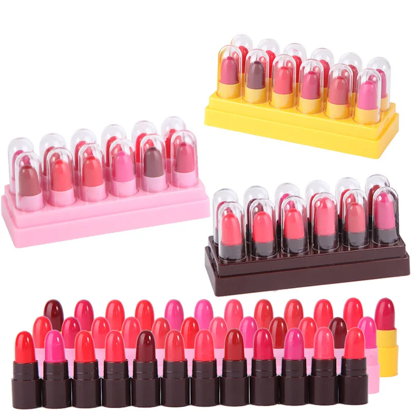 Mini lápiz labial mate de dibujos animados para mujer, 12 piezas, resistente al agua, de larga duración, portátil, productos de maquillaje