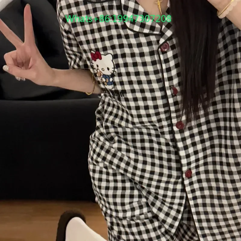 

Summer new black and white plaid cotton cartoon Hello Kitty pajamas women's short-sleeved shorts two-piece loungewear