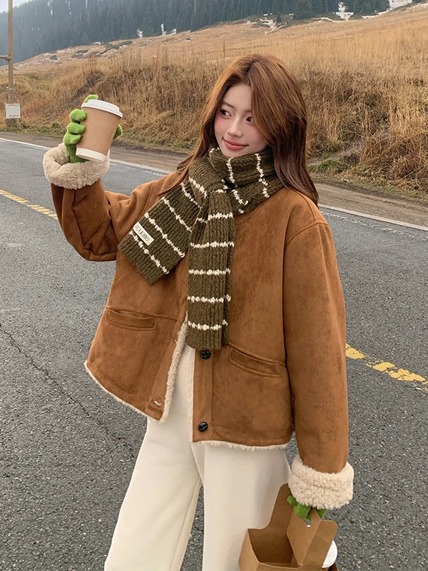 Korean Sle Anti-Aging Lamb Fur Jaet Women's ort Autumn Winter New Small Size Fce Lined Thi Warm Top Casual Loose Fit