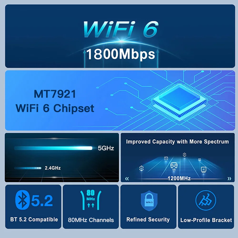 1800Mbps Wifi 6 PCI Express Wireless Adapter Bluetooth 5.2 MT7921 Dual Band 802.11AX/AC Network Card Windows 10 11 For Desktop