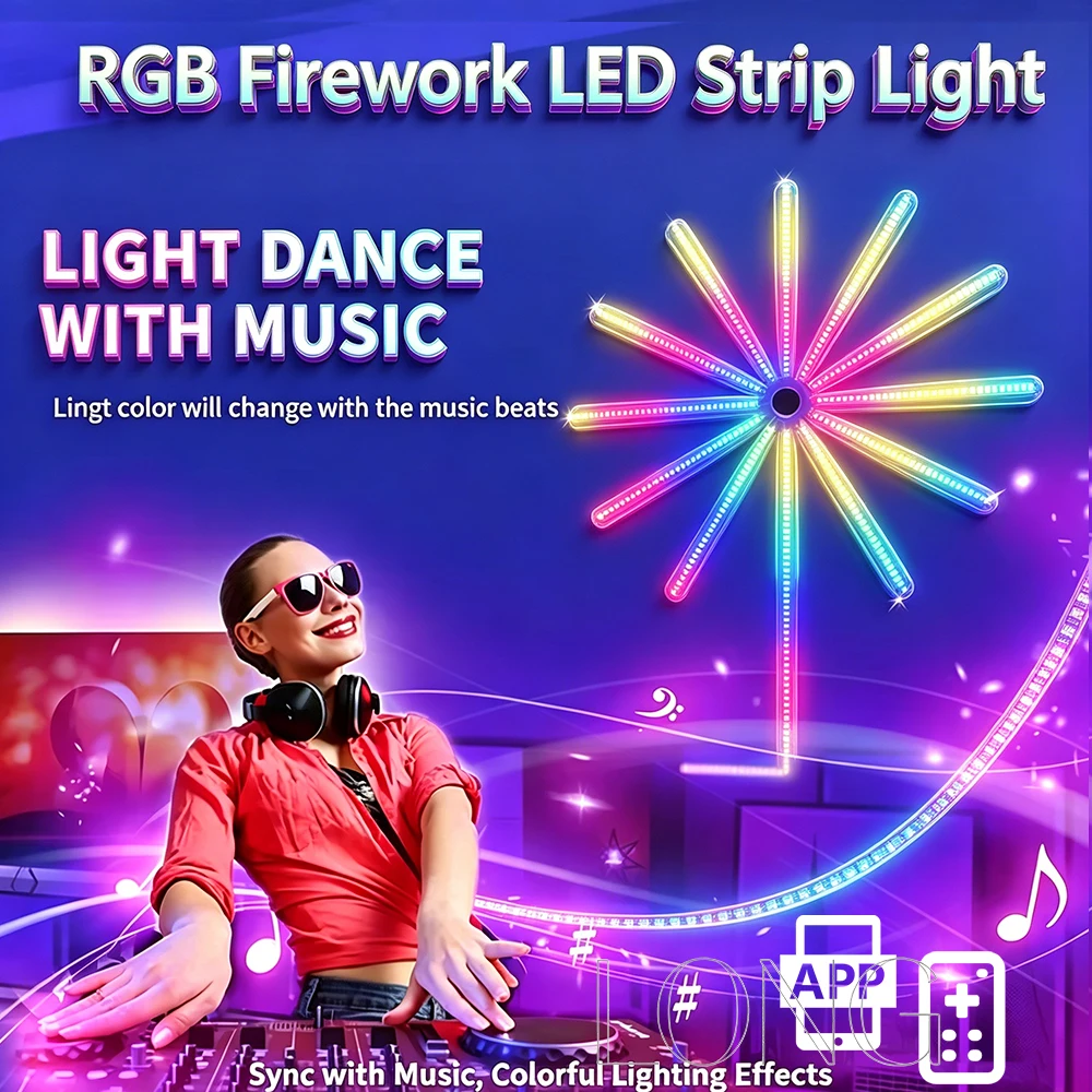 

RGBIC Firework Neon LED Strip 5V USB, Bluetooth APP Music Sync LED Light Strip, Home Bedroom Christmas Festival Decoration