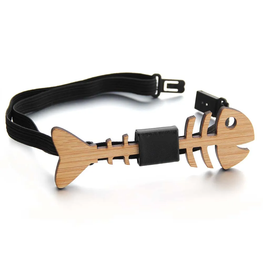 Wooden Fishbone Bow Tie for Men, Bamboo Laser-Cut Necktie with Elastic Strap for Wedding Party Casual Wear