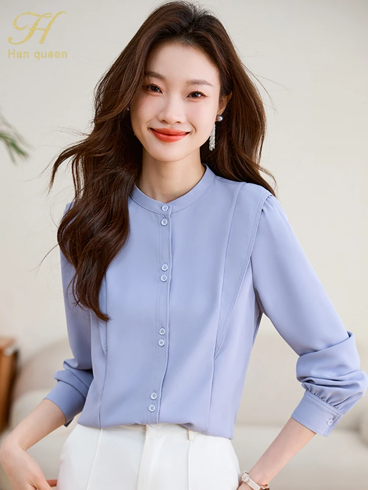 H Han Queen 2024 Spring Autumn Simple Elegant Blouses Korean Women\'s Clothes Loose Casual Vintage Shirt Office Long Sleeve Top