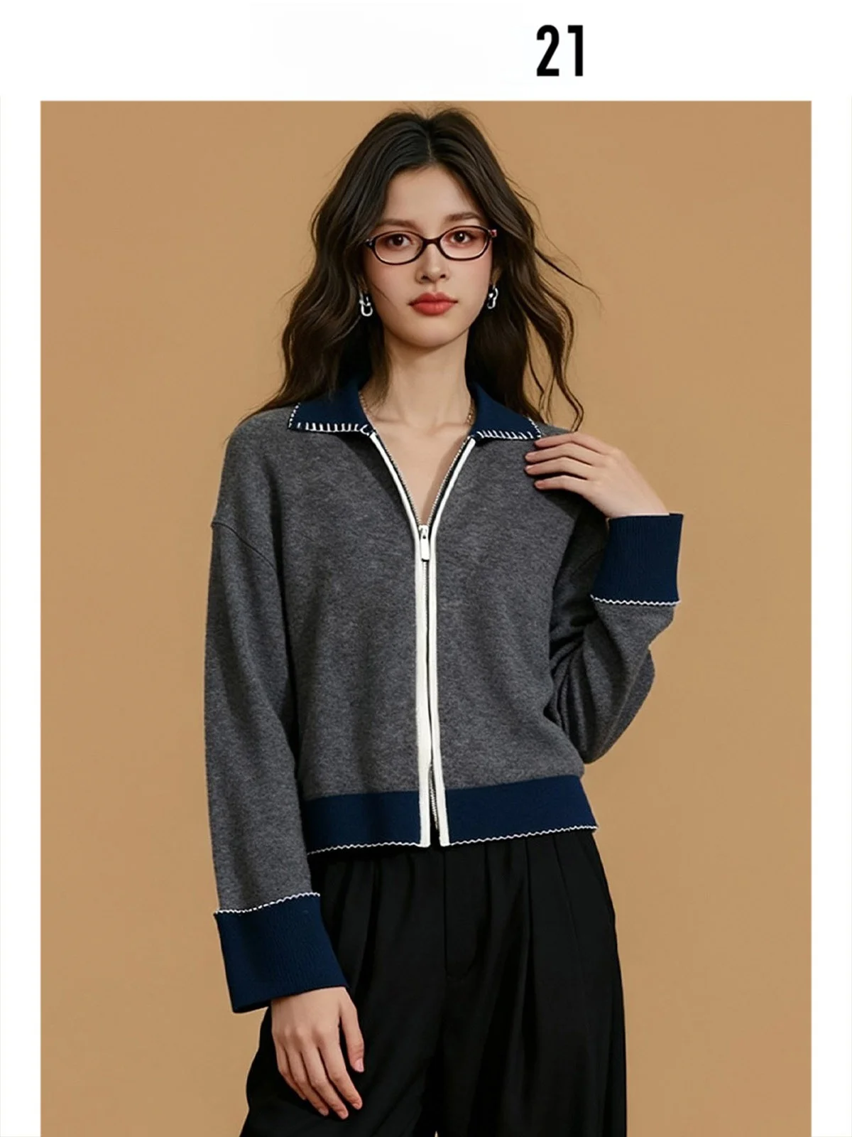 

Forever 2 ey Knitted Collar Open Cardigan Women's Autumn Winter New Color Blo Double Zipper Sweater Coat for plus Size