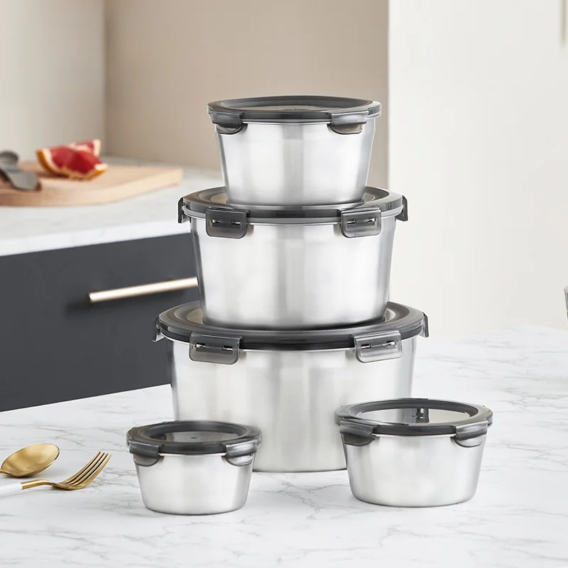 

304 Stainless Steel Round Lunch Box3 /4 /5 pces set Refrigerator Crisper Airtight Food Box Microwave Heating Fresh-keeping Box