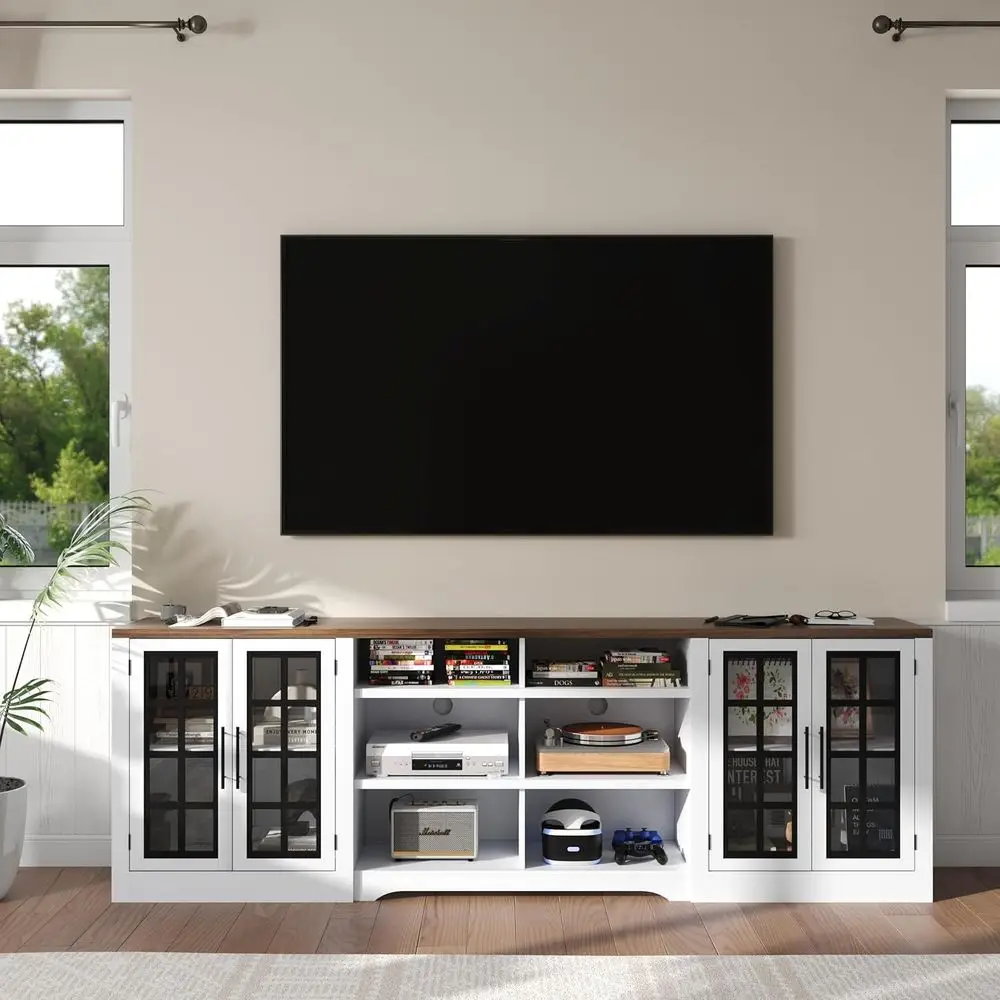 

Rustic Entertainment Center for 85+ Inch TVs with 4 Glass Cabinets and 6 Open Shelves