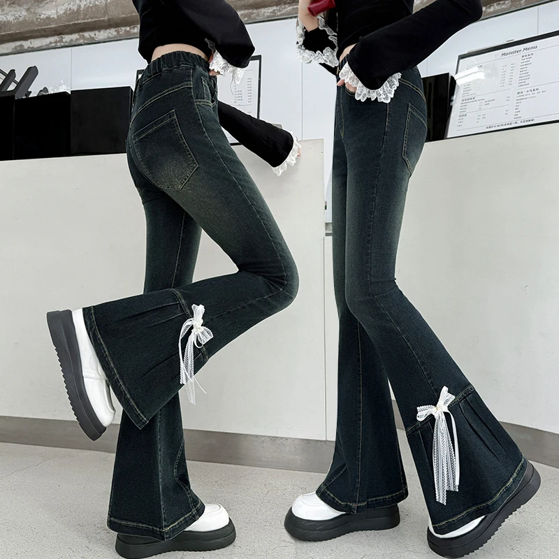 

Korean Fashion Children y2k High Street Flared Jeans with Bow for Teens Kids Spring Autumn Hot Girl Bootcut Slim Fit Denim Pants