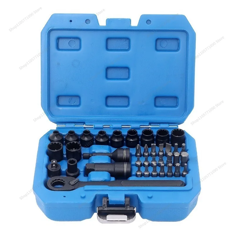 For 37-piece Set of Metric and Imperial Core Ratchet Sleeves, Multifunctional Tooth Profile 12-point Perforation Disassembly Set