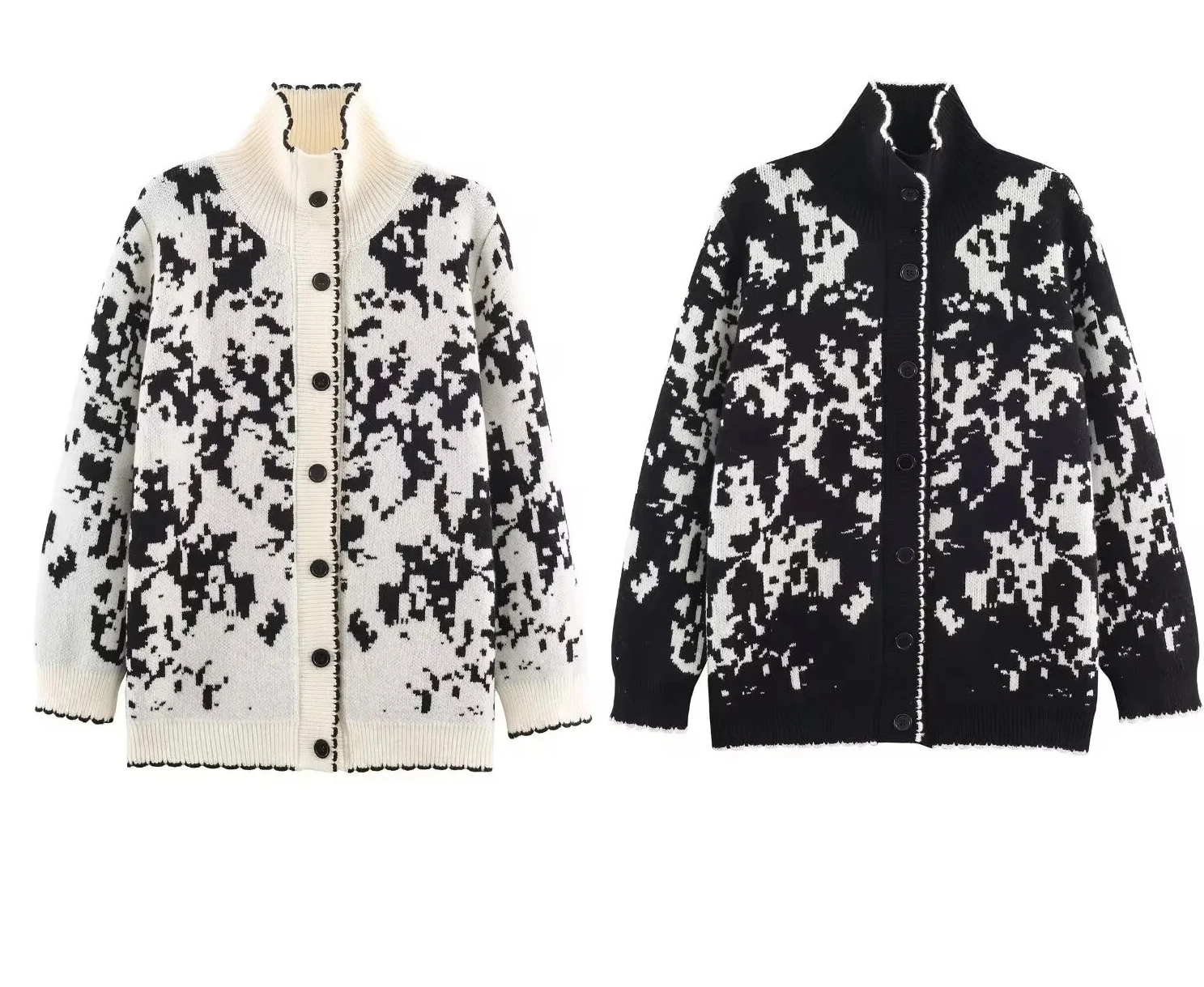 

Winter New Women's Casual Fashion Simple Loose Color Block Jacquard Long-Sleeved Knit Cardigan