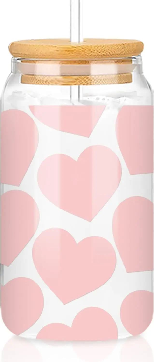 Vasos para beber de San Valentín, taza de café helado con corazón rosa con tapas de bambú y pajita de vidrio, taza de cristal romántica de 16oz para cócteles Whi