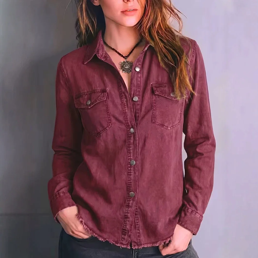 Vintage Western Fringe Shirt Button Down Lapel Collar Long Sleeve Pockets Retro Casual Streetwear Trendy Classy Ladies Blouse