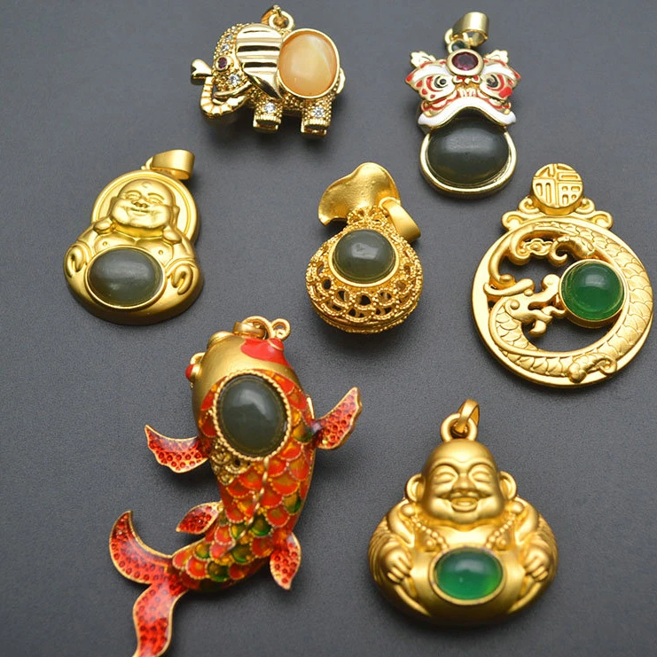 5pc Chinese Lucky Wealth Symbols Metal Fish Dragon Buddha Elephant Necklace Pendants For Jewelry Making