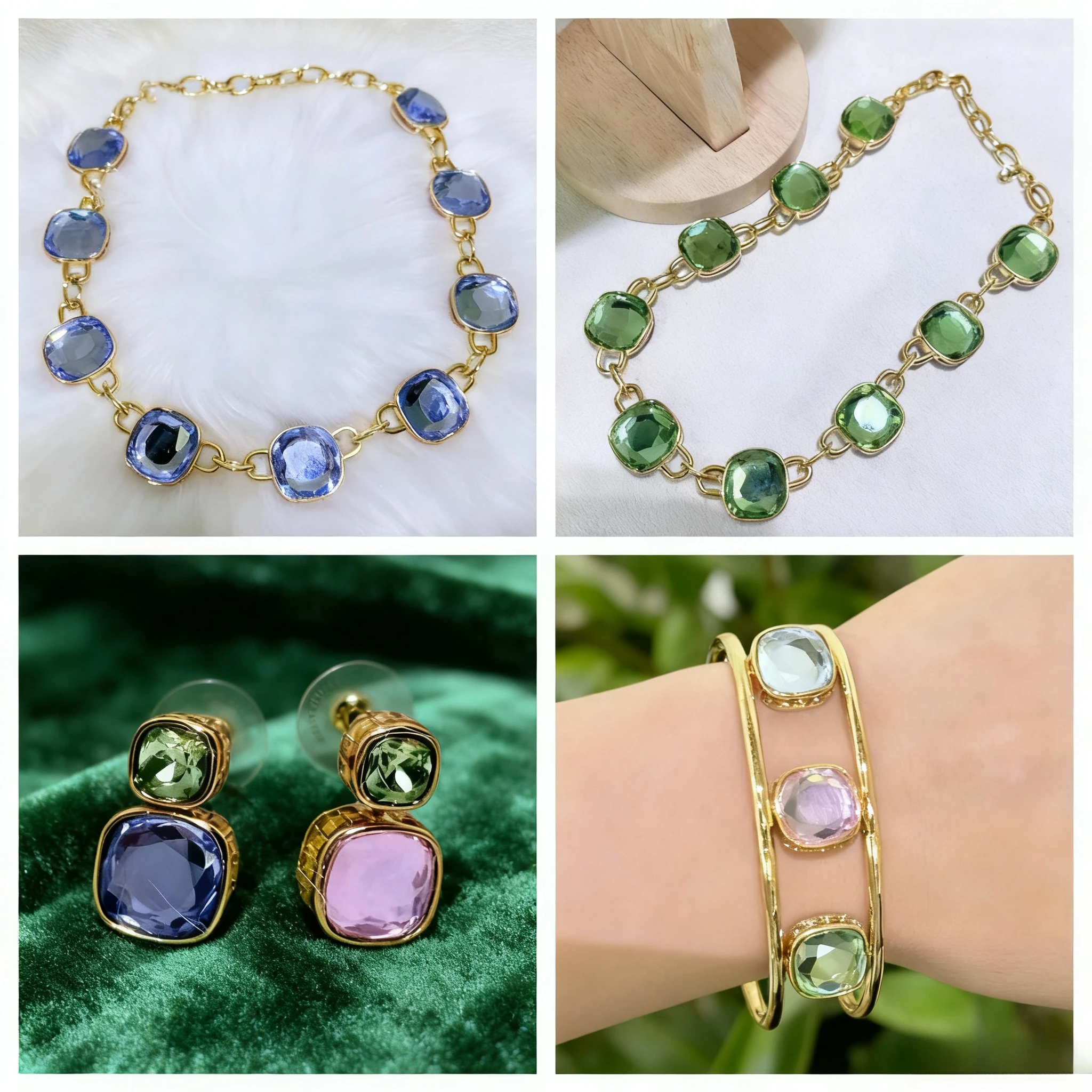 

2025 Trendy Jewelry Trend Anniversary Jewelry Sets Charm Blue Green Crystal Fashion Necklace Bracelet Ring Earrings Gift Women