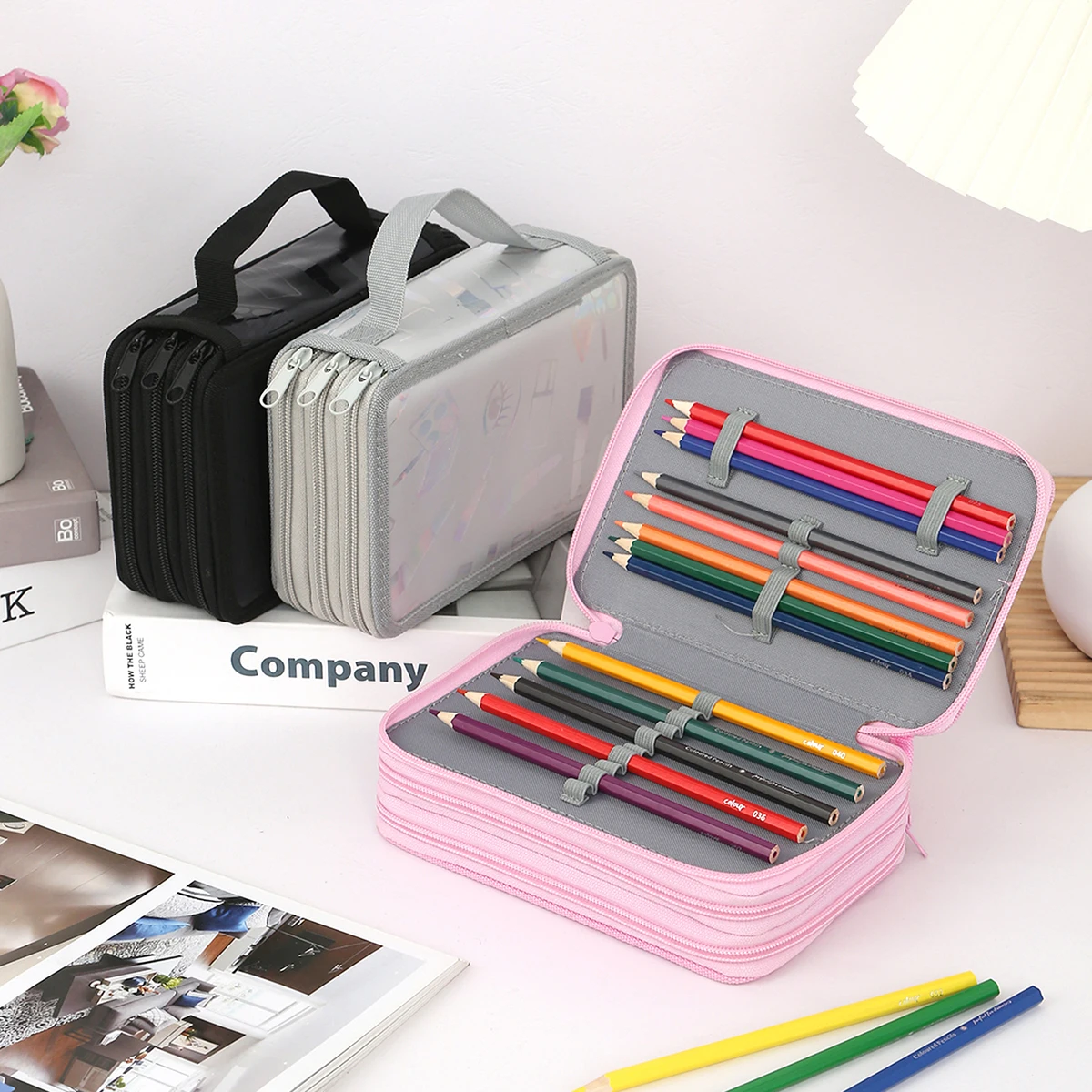 Exquisite Makeup Product Patterned Portable Pencil Case, 3-Layer Large-Capacity Student Stationery Storage Bag, Used by Artists