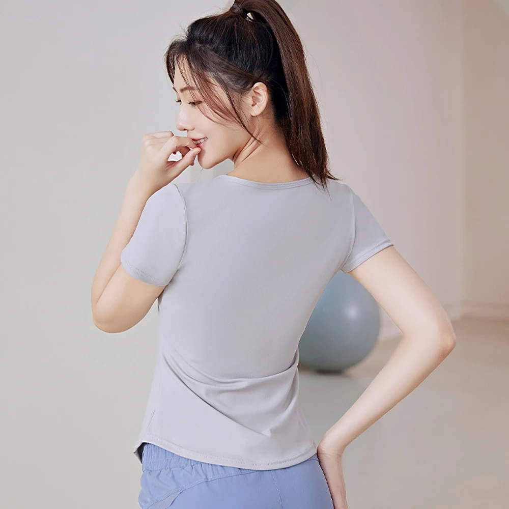 Summer V-neck women's quick drying solid color waistband loose running fitness slimming yoga suit short sleeved sports T-shirt