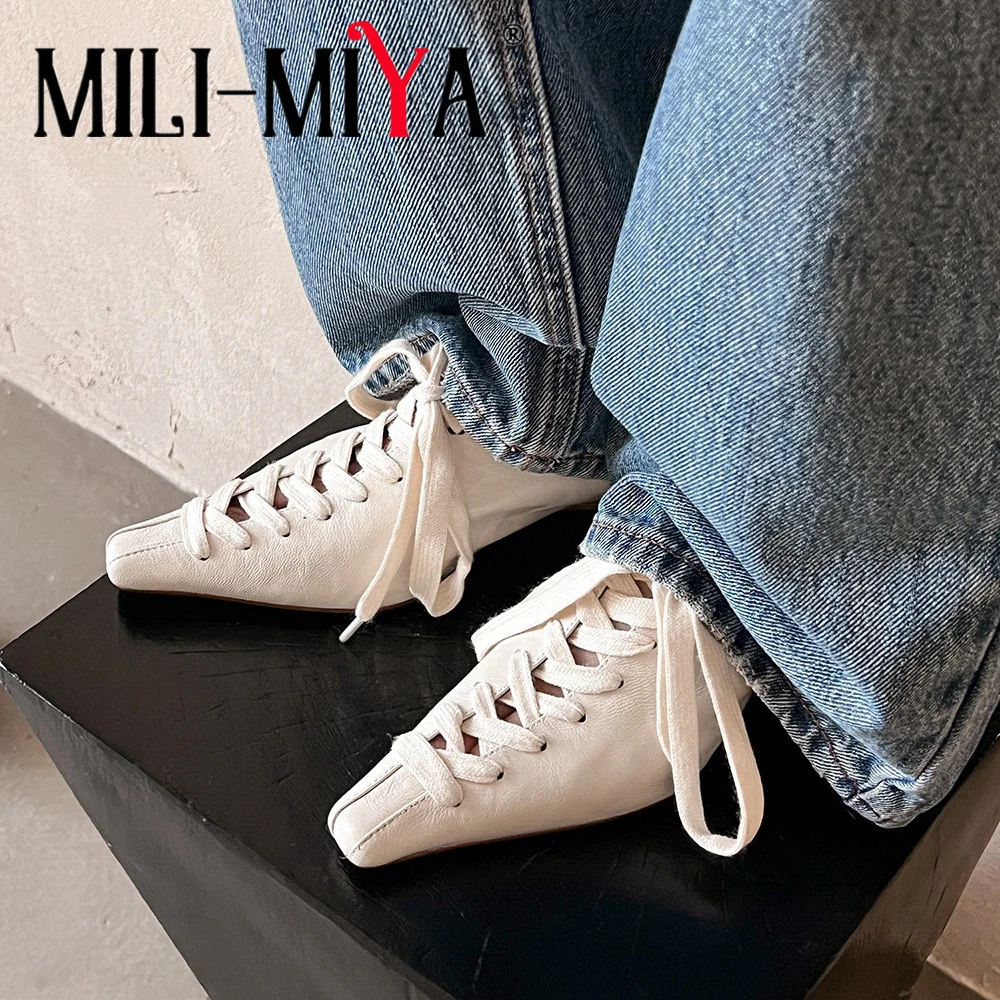 

MILI-MIYA женские высококачественные туфли-лодочки в стиле ретро из овчины с маленькими квадратными носками, удобная повседневная обувь на толстом каблуке и шнуровке