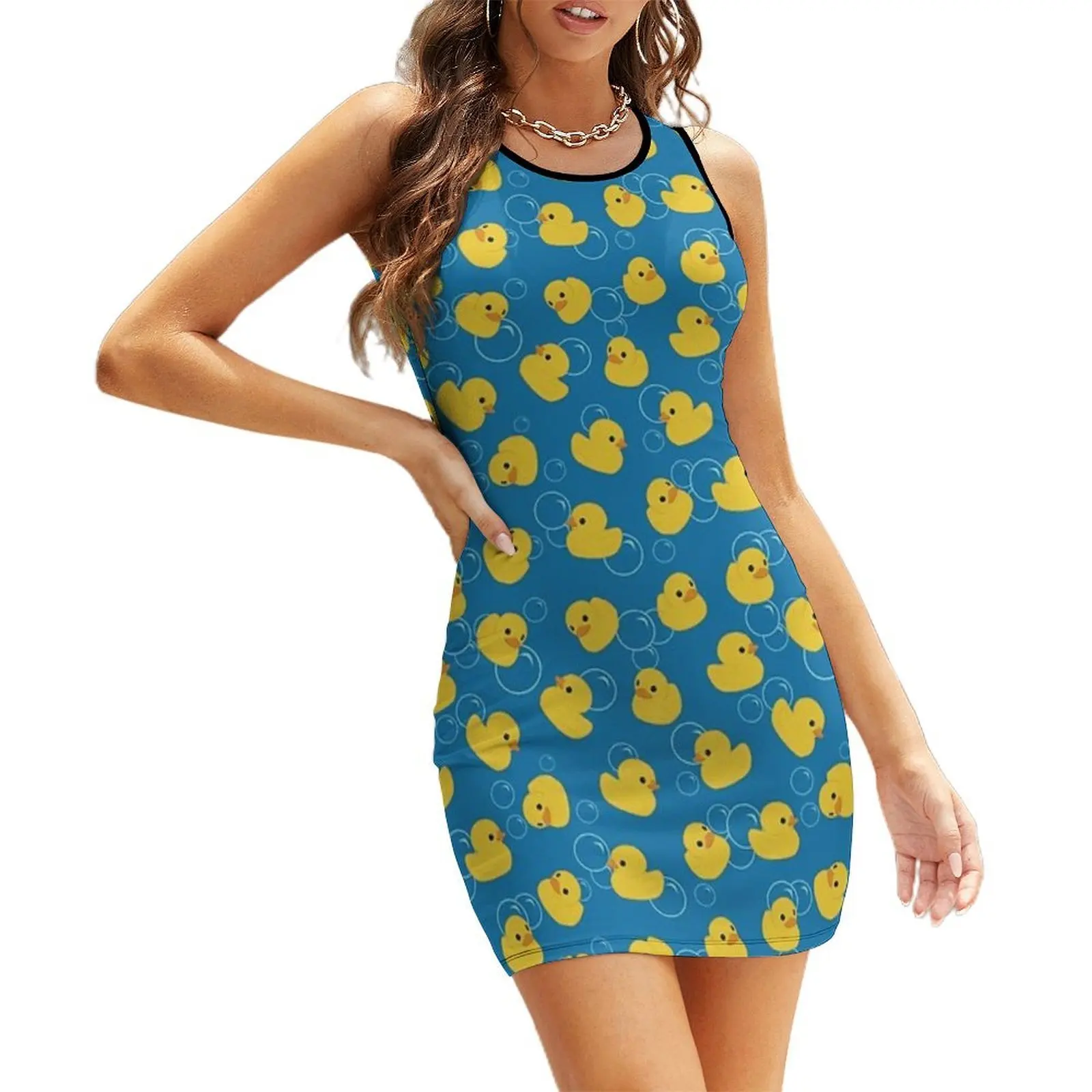

Cute Yellow Bath Duck Pattern Sleeveless Sundress women clothes dress party night sexy dress for women