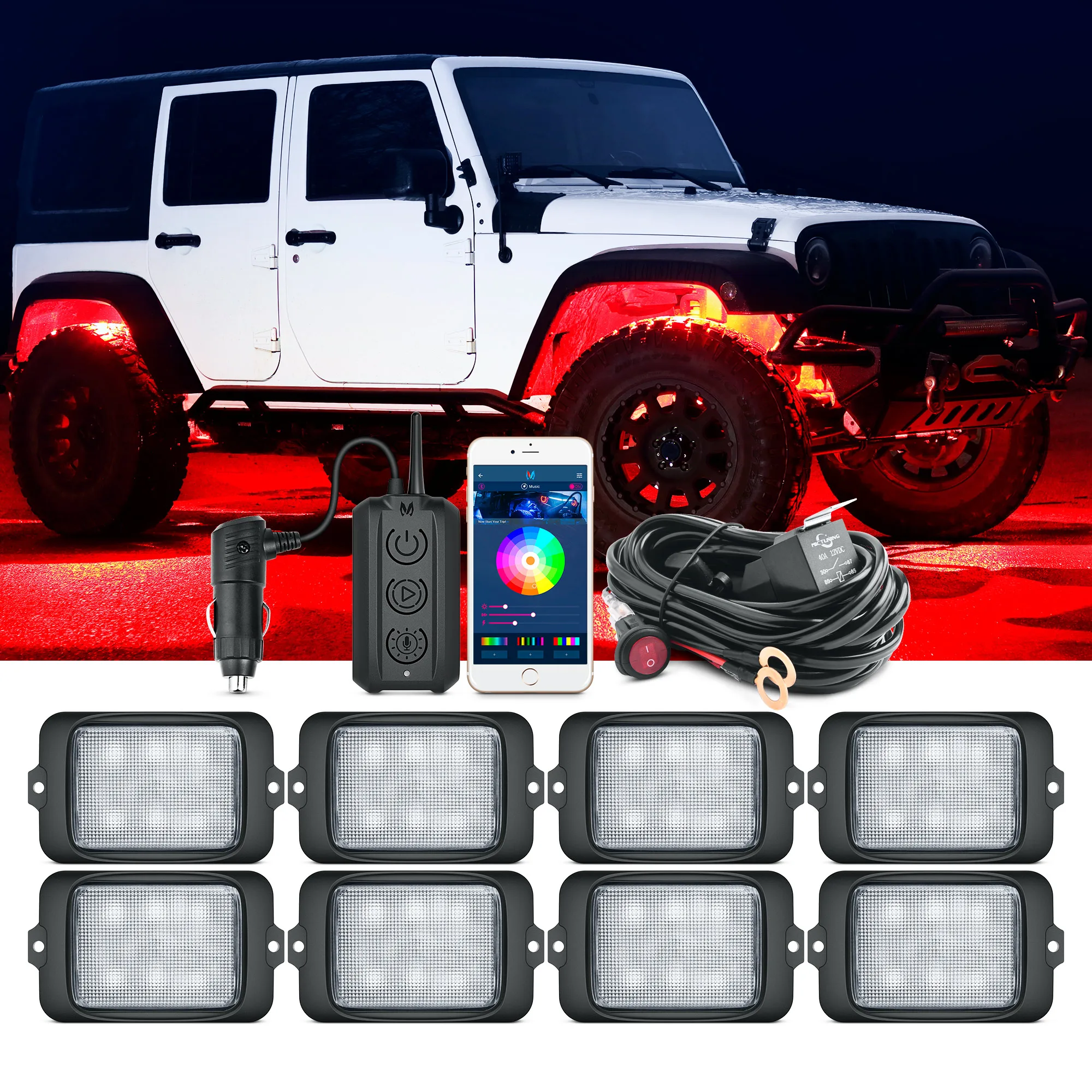

MICTUNING 8 Pods C3 RGBW Светодиодные рок-фонари Водонепроницаемый подсвет с приложением Bluetooth и беспроводным блоком управления для автомобиля, грузовика, UTV