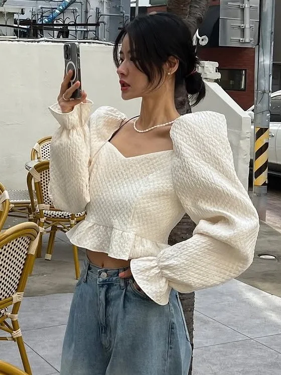 

Retro Chic Women's irt Square Collar Bubble Sve Faionable Ele Korean Sle Long Sve Top for Autumn Season