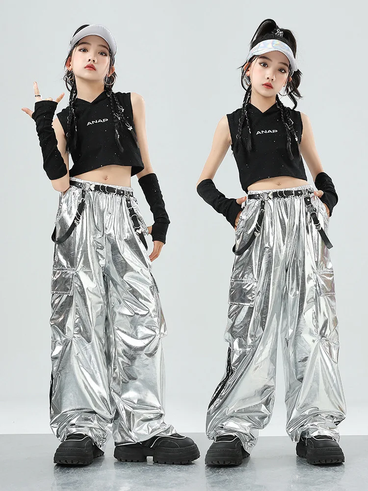 Kids Hip Hop Clothing Kpop Outfit Stage Street Dance Clothes Black T Shirt Silver Pants For Girls Jazz Dance Costumes