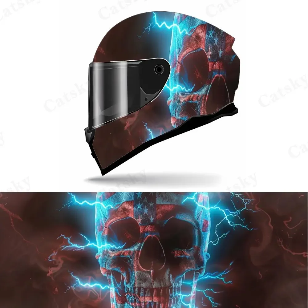 Envoltura de vinilo para casco de motocicleta de PVC con calavera americana de relámpago azul, pegatina autoadhesiva impermeable, película decorativa antiarañazos f