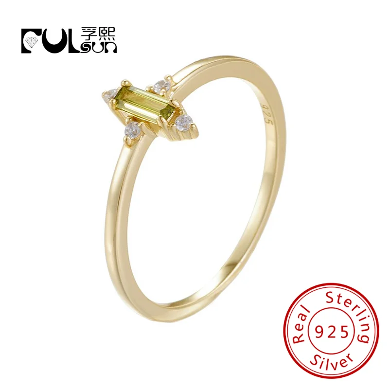 

925 Sterling Silver Simple Peridot Zircon Ring 18k Gold Plated Ladies Girl