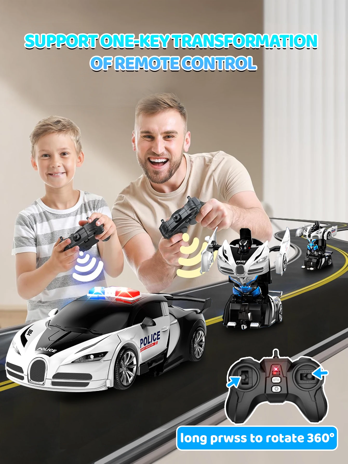Children’s remote-controlled car, 1:18 scale transforming robot vehicle toy with lights; one-button transforming police car; gif