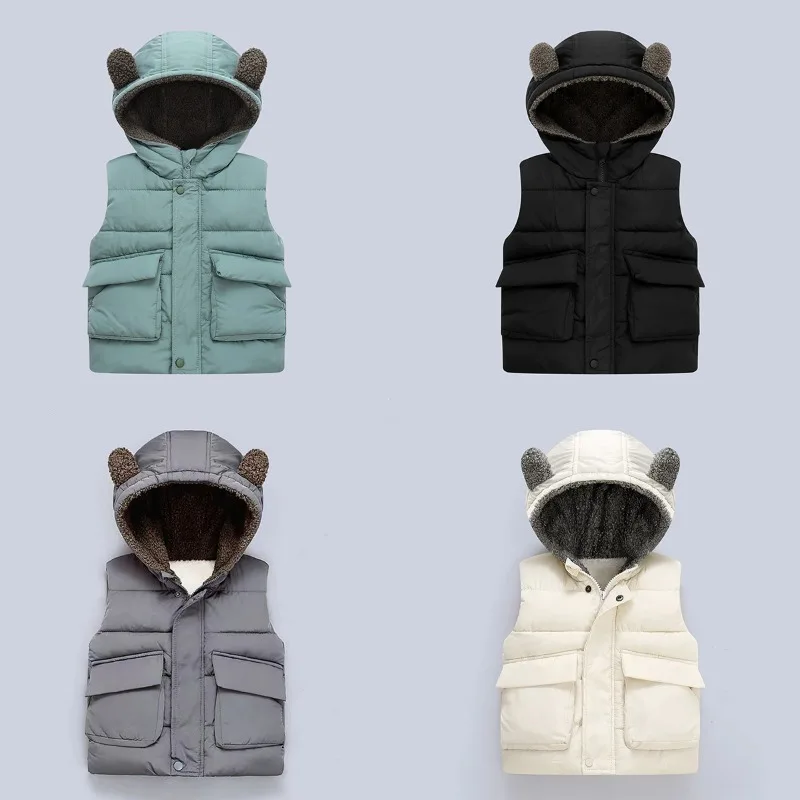 Baby Hooded Vest New Fall Winter Style Kids Hooded Vest Solid Color Ear Down Vest Toddler Cotton Jacket Sleeveless Hooded Vest
