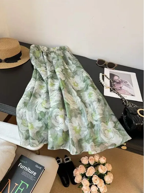 

Ele Floral Print ter Ne Dr Women's Summer Skirt High Waist A-Line Skirt Big Flounce een Oil Painting Dr