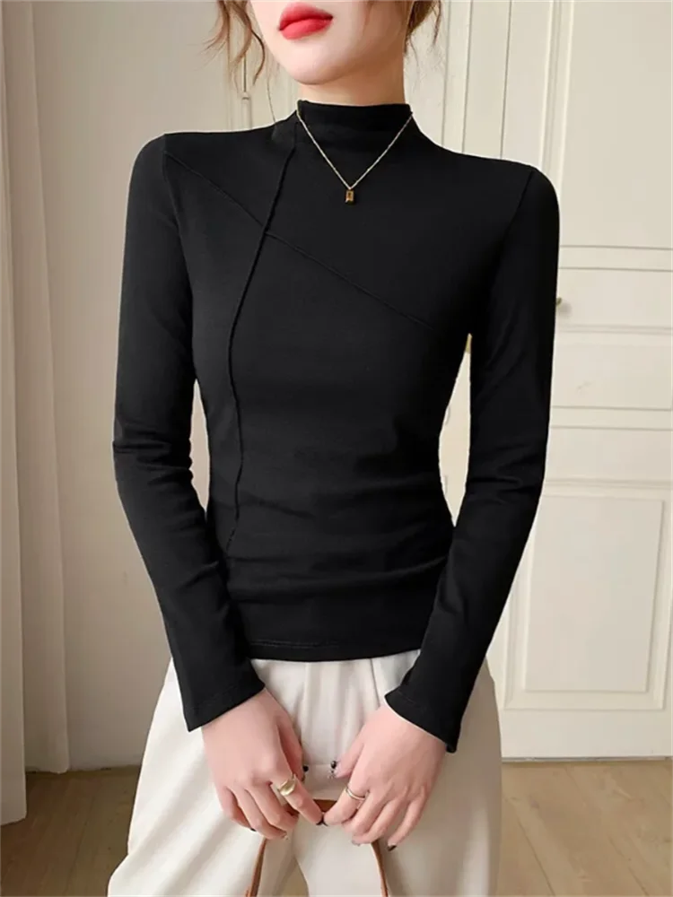 عالية الرقبة قاعدة التي شيرت المرأة بلوزة تي شيرت كم طويل سليم الراقية قمة الخريف الشتاء عادية أنثى تي شيرت بلون تيز #6