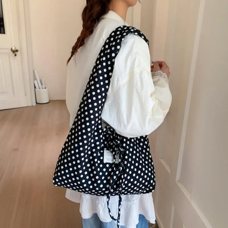 Casual Simple Polka Dots Handbag Korean Double-Sided Shoulder Bag Fashionable Large Capacity Commuting Bag Tote Bag