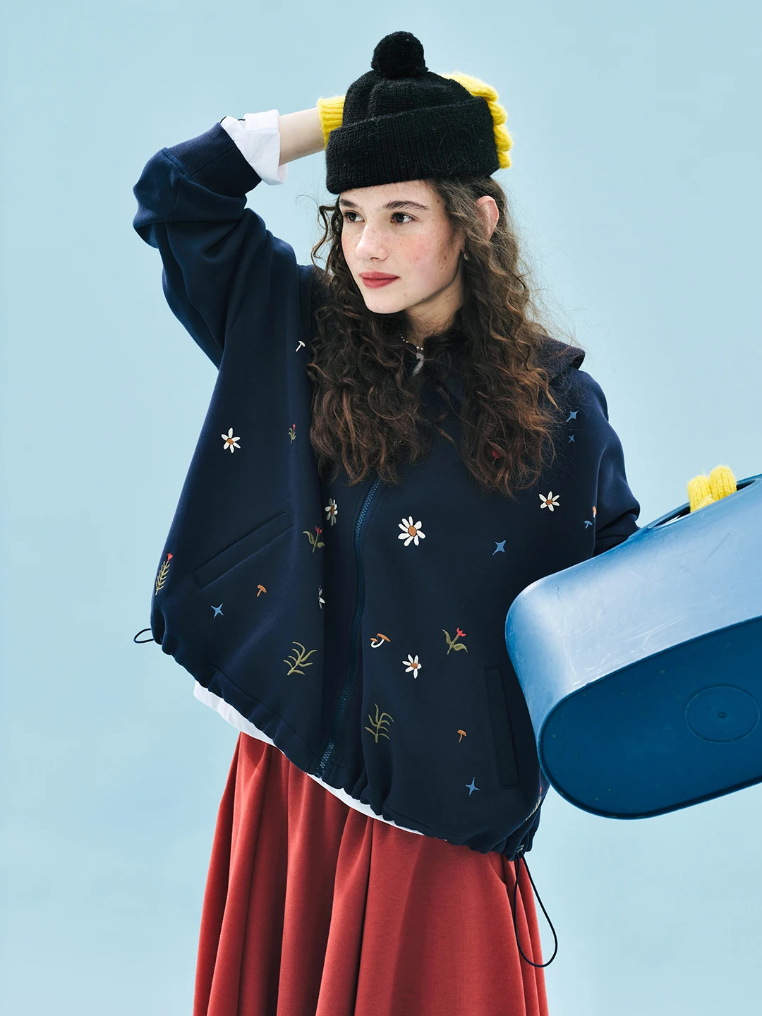 Women's Navy Blue Floral - Embroidered Collared Sweatshirt Outdoor Outings Sweet and Eye - Catching 255223