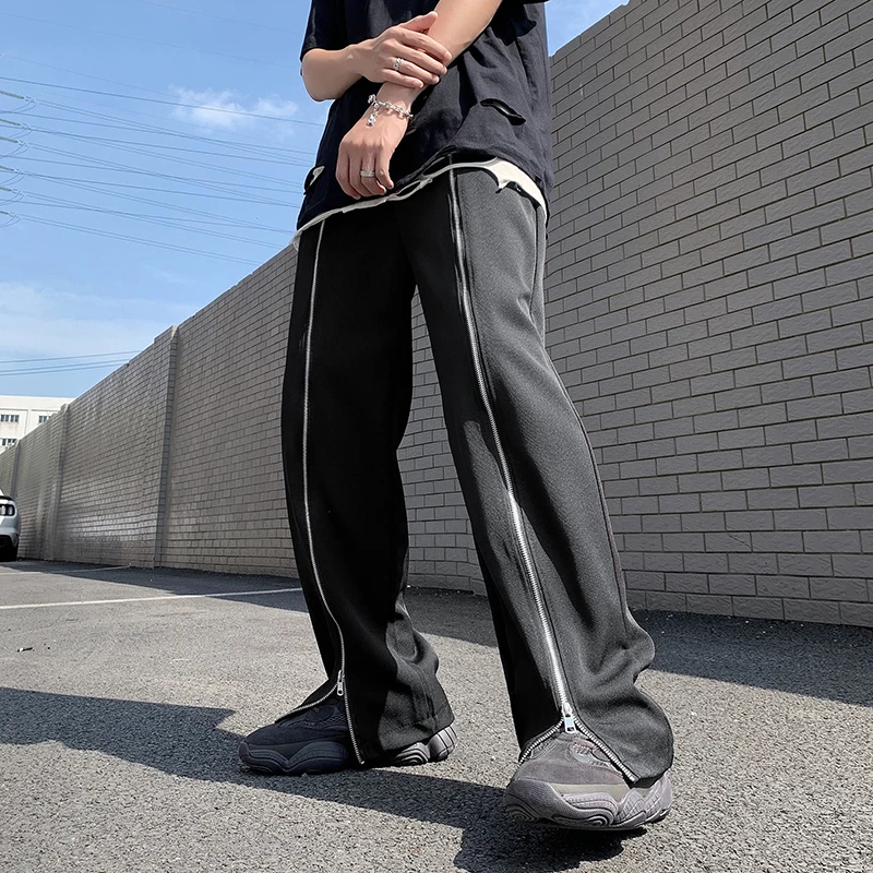 Zipper Split Straight Men Y2K Pants Chic Vibe Ins Trouser Male Party Night Club Streetwear Wide Leg Gothic Hippie Hip Hop Pants