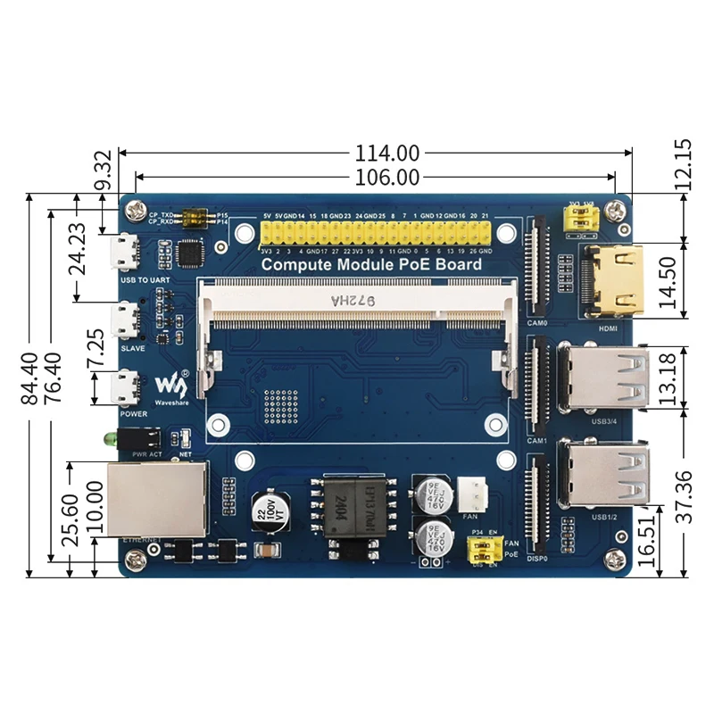 Placa PoE de módulo Compute con PoE Breakout Board, 4 puertos USB para desarrollar con Raspberry Pi CM4S / CM3 / CM3L / CM3 + / CM3 + L