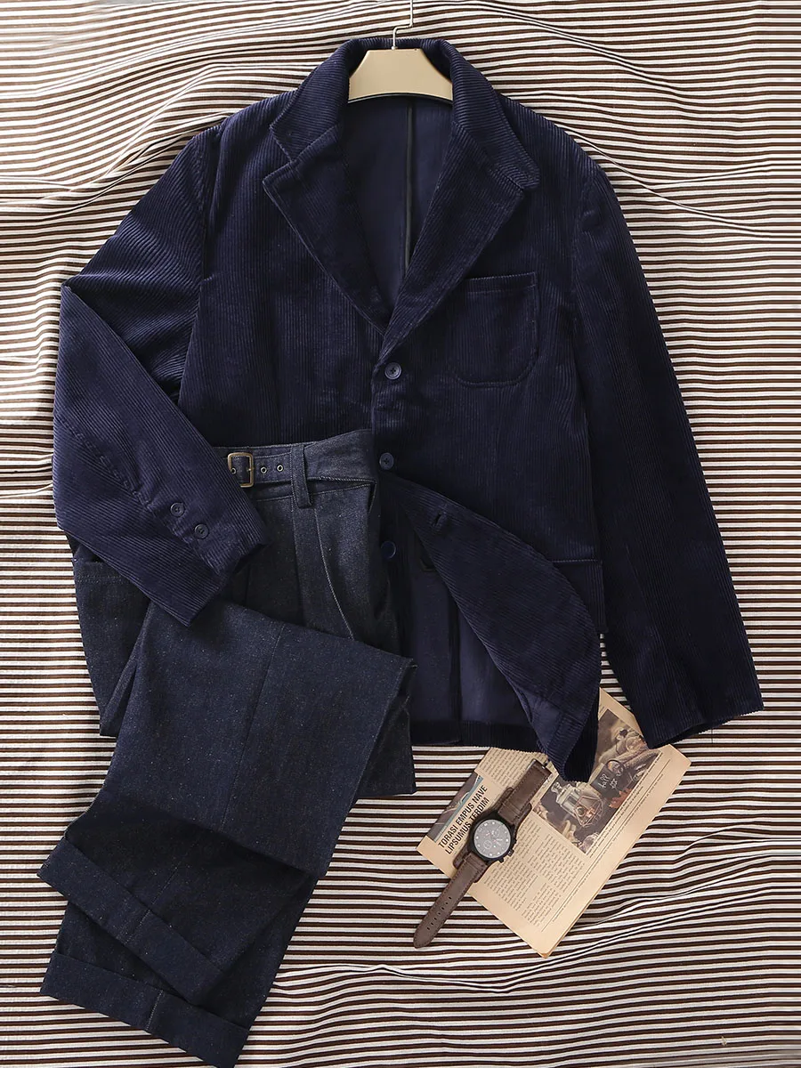 Men's Unstructured Cotton Casual Vintage Indigo Corduroy Blazer – American Heavyweight Workwear Jacket