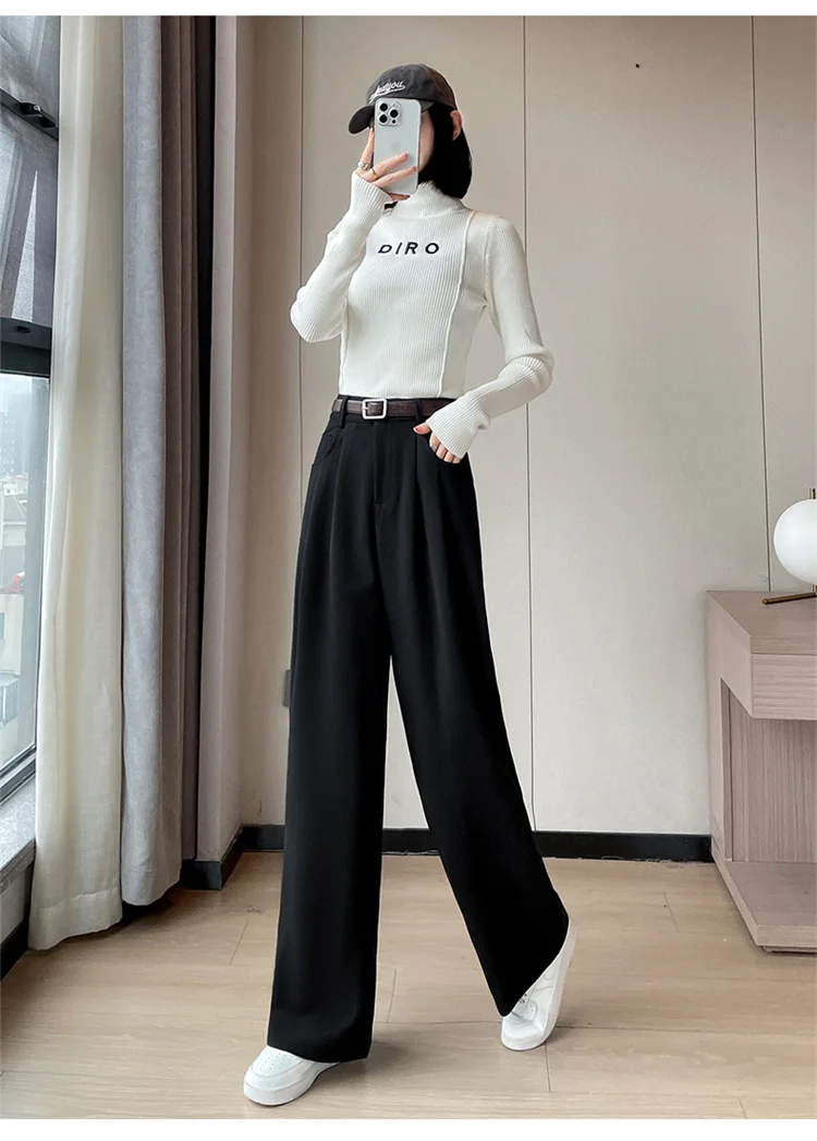 2023 Autumn and Winter New Wool Blended Wide-Leg Pants Straight Mopping Pants High Waist Slim Lengthened Casual Pants for Women