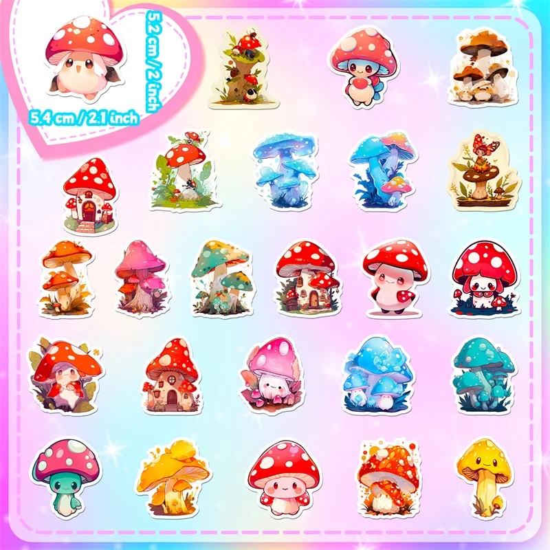 Desenhos animados Color Mushroom PVC Sticker, Decoração Estética Infantil, Papelaria Scrapbooking, Material Escolar para Crianças, 10 Pcs, 30 Pcs,