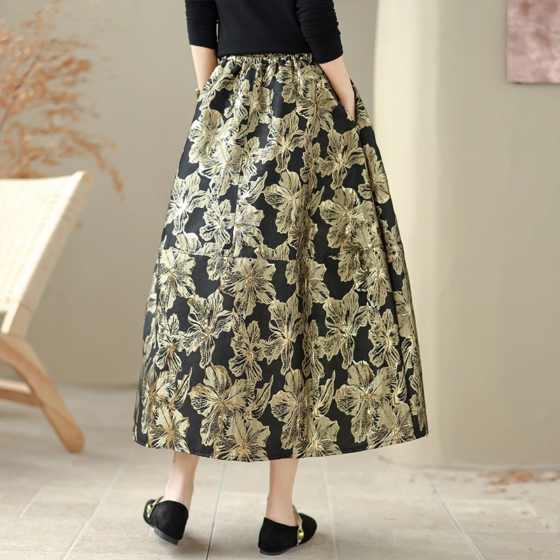 

Autumn Winter Emed Floral Casual Versatile f-length Skirt High-waist Midi A-line Skirt Women's Elastic Waist Skirt