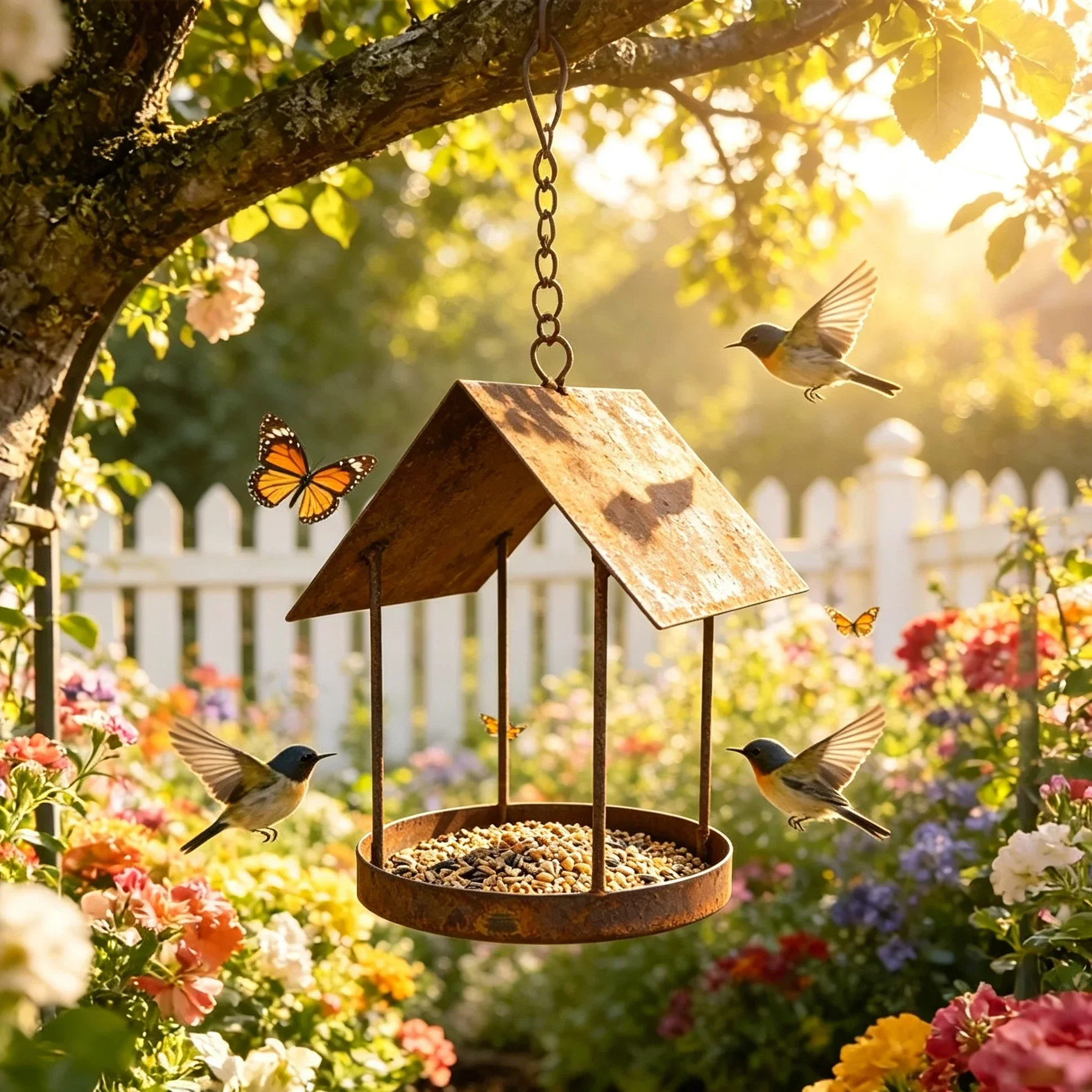 Iron Hanging Bird Feeder Hut Shape Rusty Design Bird Food Container Rain-Resistant Decorative Bird Water Seed Tray House Porch