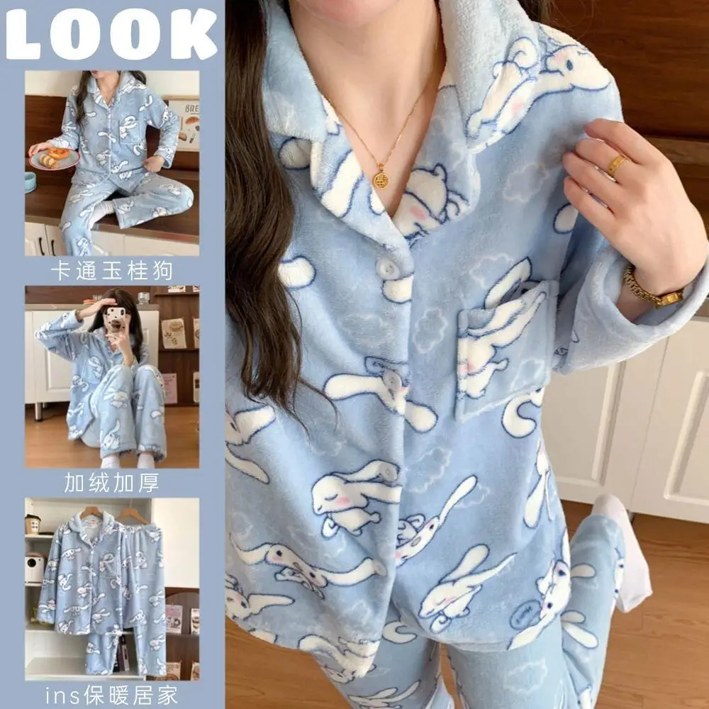

Sanrio Anime Cinnamoroll Winter Thickened Girls Flannel Nightwear Cute Pochacco Pajamas Women Cartoon Cardigan Home Wear Set
