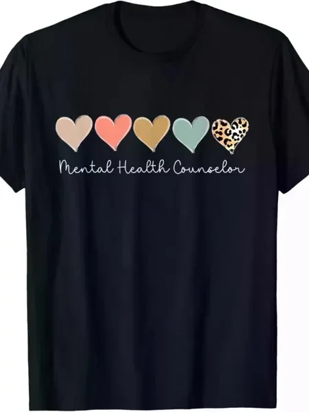 

Men's Mental Health Counselor T-Shirt - Black Cotton Round Neck Tee with Leopard Heart Design,