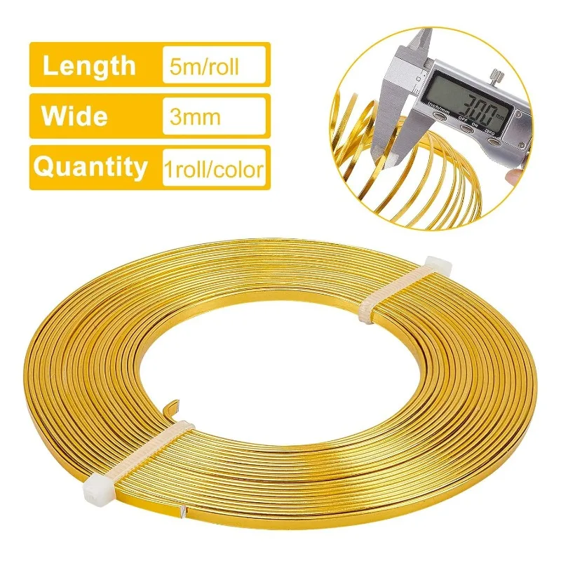 65FT 4-Colors Aluminum Flat Wire (3mm Wide) Silver Gold Bendable Craft Wire for Bezel, Jewelry Earring Ring Making